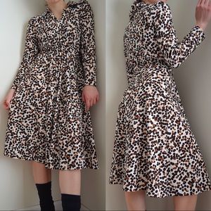 vintage 1970s brown tan and white long sleeve abstract print poly midi dress